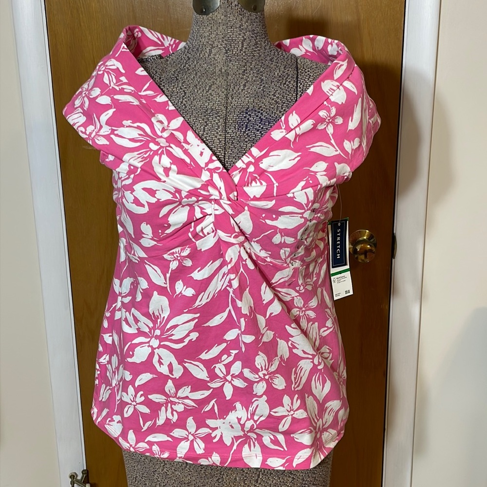 Jones New York Pink and White Floral Twist-Front Off-Shoulder Top